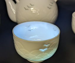 Vintage Teapot Pot &amp; Cups White Translucent Porcelain Swirl Design Birds... - $85.82
