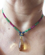 Natural Beer Quartz and Sapphire, Ruby and Tsavorite Beads Necklace - £88.46 GBP