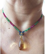 Natural Beer Quartz and Sapphire, Ruby and Tsavorite Beads Necklace - $111.00
