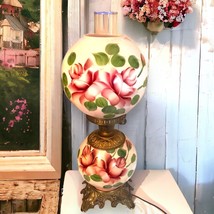 Vintage Hurricane Globe Parlor Lamp 21&quot; GWTW Style Hand Painted 3-Way Lighting - £111.96 GBP
