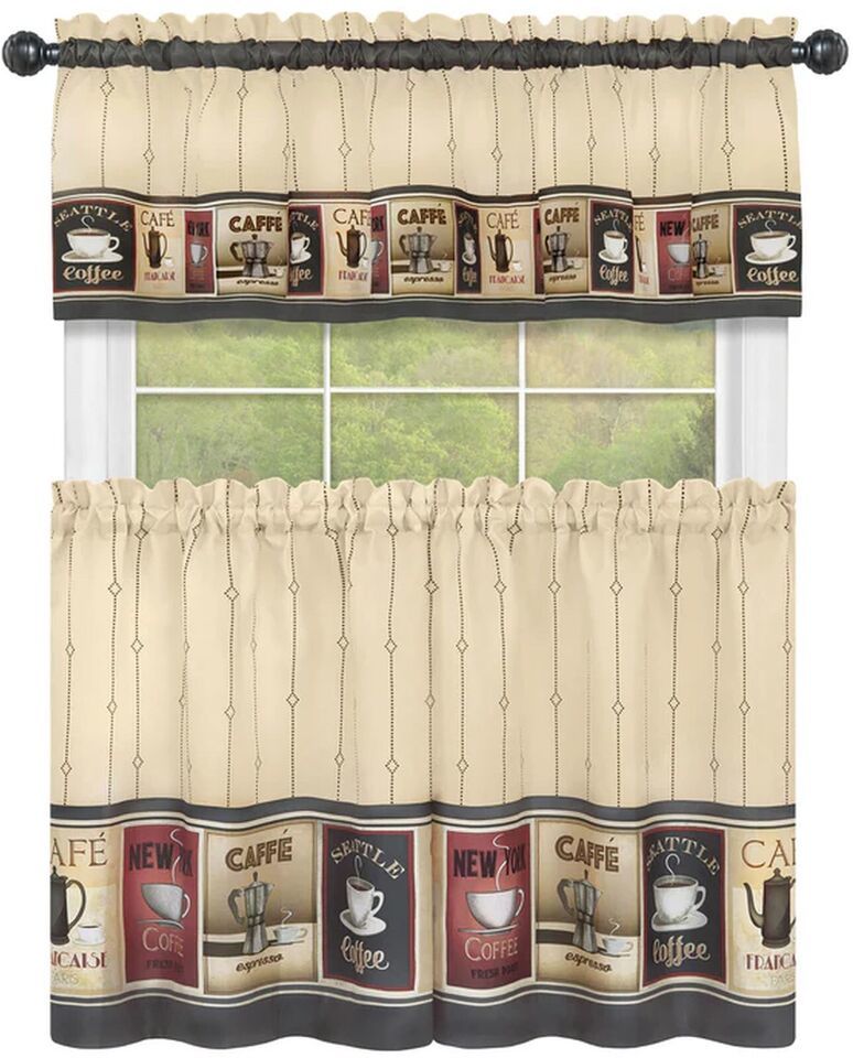 3pc. Printed Curtains Set: 2 Tiers & Valance (58"x13") COFFEE, COZY CAFE, Achim - $21.77