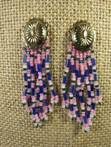 Earrings Pierced 2.75&quot; Dangles Pink Purple White Beaded Strands Oval Shield - £10.20 GBP