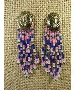 Earrings Pierced 2.75&quot; Dangles Pink Purple White Beaded Strands Oval Shield - £10.00 GBP