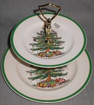 Spode CHRISTMAS TREE PATTERN Green Trim TWO TIER TIDDBIT TRAY w/Box - $39.59