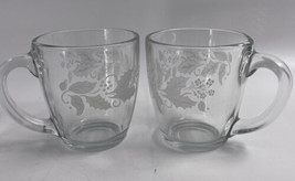 Christmas Winter Etched Holly Holiday Large Clear Glassware Mug Set of 2 - $29.69