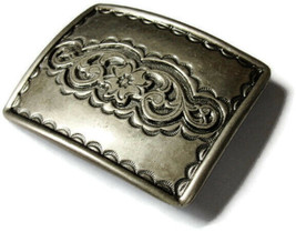 Western Belt Buckle Silver Tone Flower Scrolled Border Women&#39;s Rectangular  - £21.80 GBP