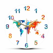 World Map Watercolor Decorative Silent Wall Clock Flat Earth Minimalist Print Di - £32.71 GBP