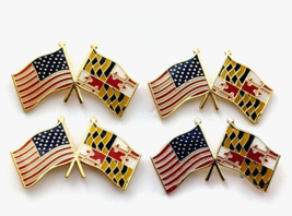 Lot 4 American USA &amp; Maryland State Crossed Flags Patriotic Gold Tone Enamel Pin - $14.99