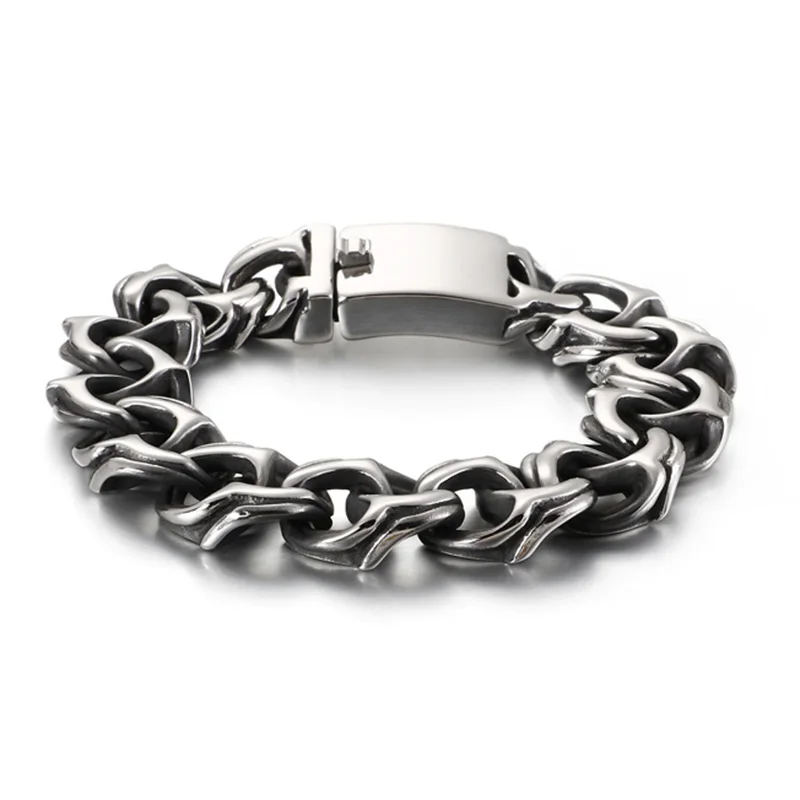 Retro Cool Link Chain Bracelet Men Black Stainless Steel Engraving Hip Hop Cuff  - £32.53 GBP