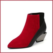 Red And Black Split Color Suede Genuine Cow Leather Cuban Heel Ankle Boots - $154.95