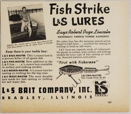 1949 Print Ad L&S Pike-Master Fishing Lures Bait Co. Bradley,Illinois - $11.14