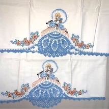Vintage Handmade Embroidered Crochet Pillowcases Set of 2 Victorian Girl... - £31.13 GBP