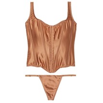 VS Victoria&#39;s Secret Very Sexy Classic Silk Corset Set Toffee Large NEW - $1,427.73 MXN