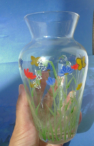 Vintage Decorative Decor Hand Painted Flowers Butterfly pattern Glass VASE - £14.69 GBP