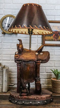 Western Cowboy Faux Tooled Leather Horse Saddle Conchos Buckles Table Lamp Decor - £54.81 GBP