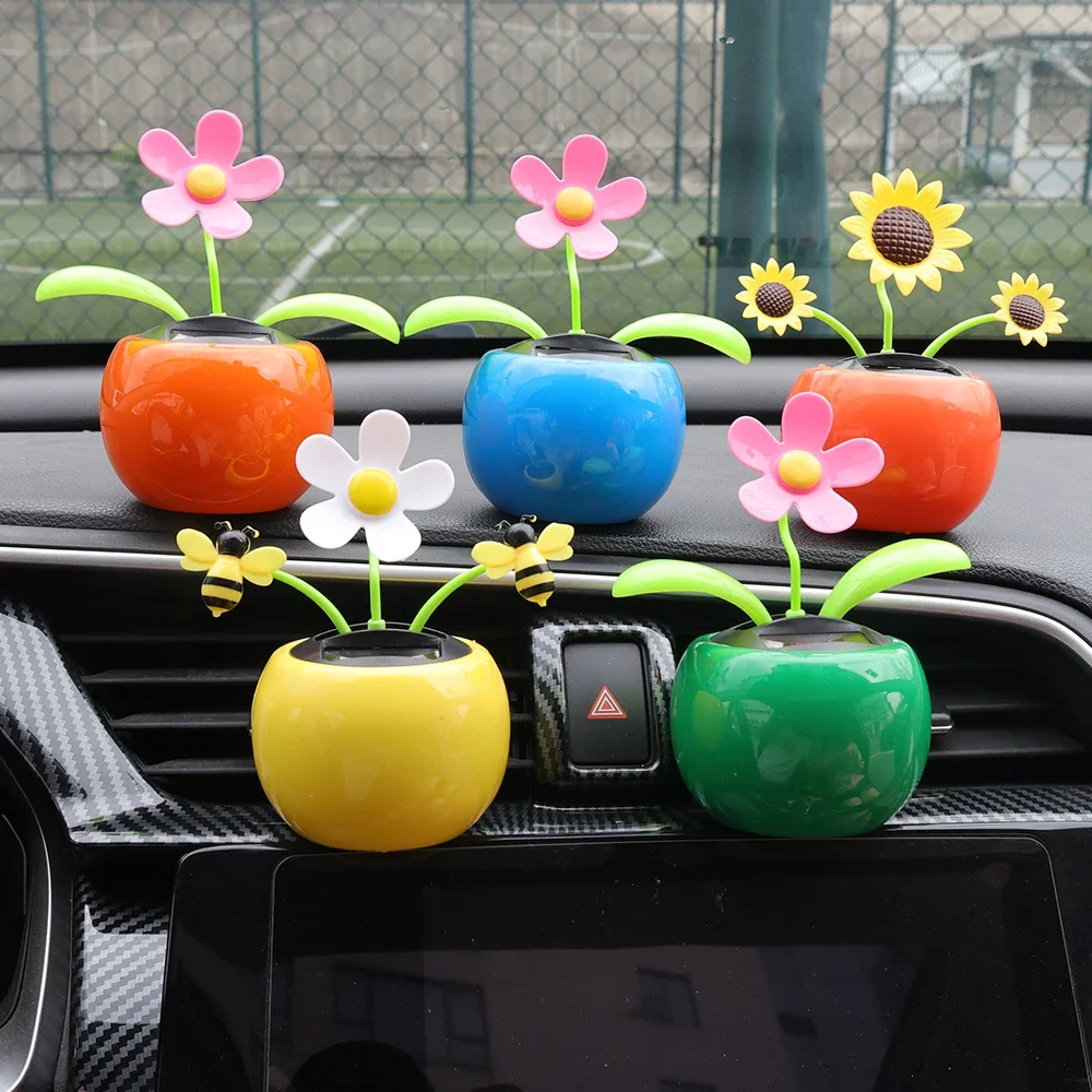 Car Ornament Solar Powered Dancing Shaking Head Cartoon Sun Flower Pot - £11.70 GBP+
