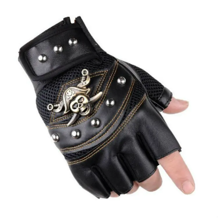  s Rivet PU Leather Gloves Men Women Fashion Hip Hop Anti-slip Half Finger Glove - £18.93 GBP