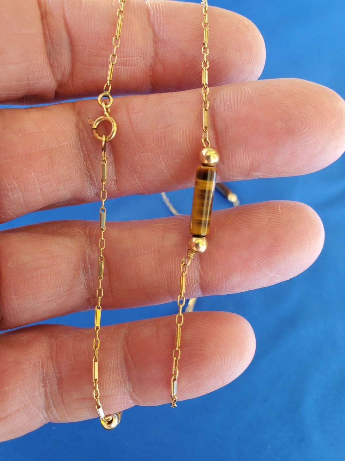 Vintage 14k Gold Art Deco Tiger eye Statement Necklace Unique Antique Chain 28" Item image 15