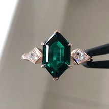 Lab Created Hexagon Cut Emerald Engagement Ring Side Kite Cut Anniversary Ring - £104.04 GBP