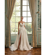 Modern A-Line Off-White Satin Wedding Dress with Sweetheart Neck and Hig... - $477.00