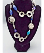 Chico&#39;s Silver Mixed Chains Circular Discs Blue Glass Beads Long Necklac... - $19.22 CAD