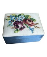 Fetco Needlework Jewelry small Box Hand Stitched Blue Lined Rose Floral ... - $42.10 CAD