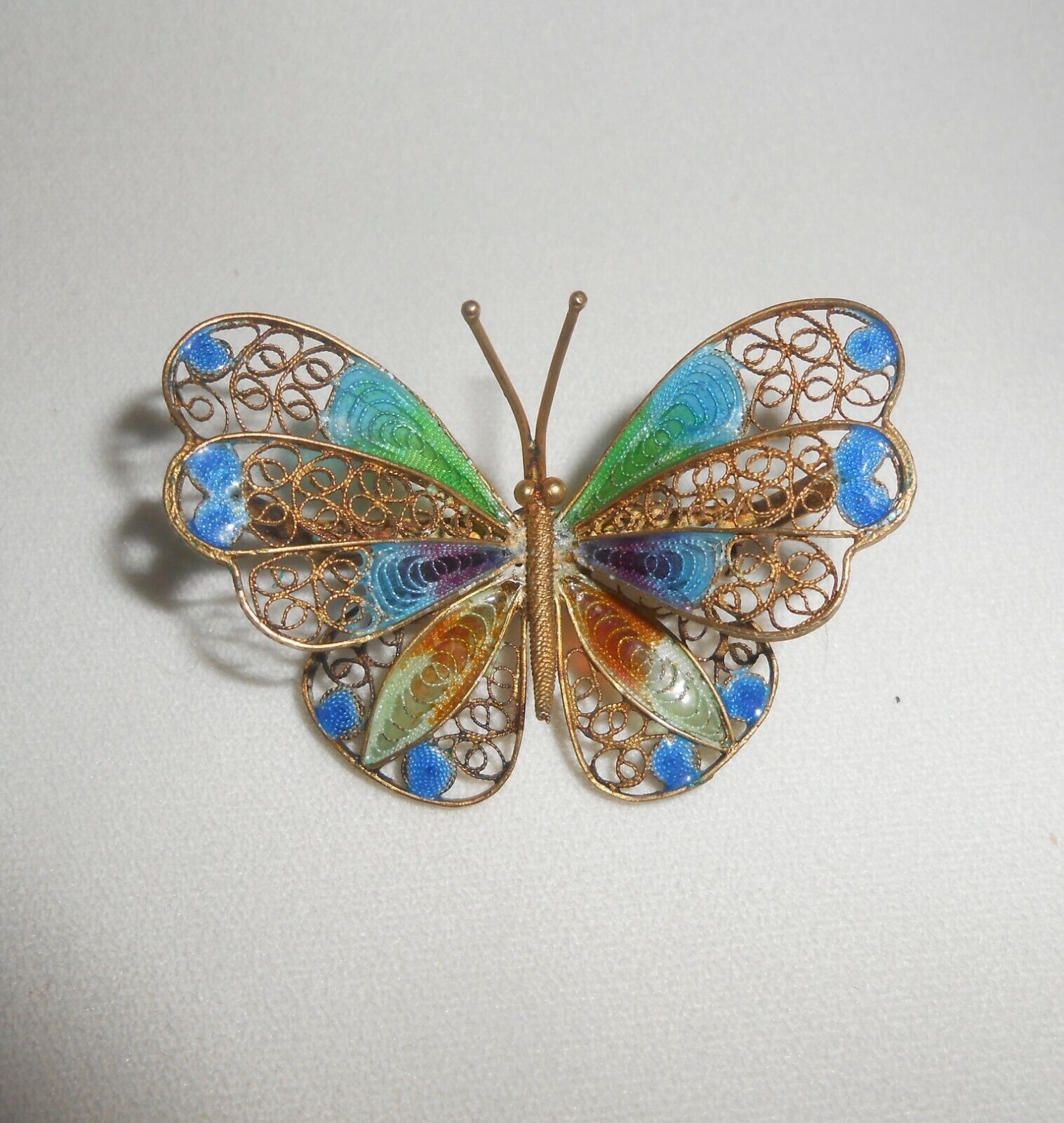 Primary image for Vintage Butterfly Brooch Pin Chinese Export 800 Silver Filigree Plique-a-jour