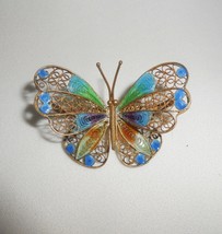 Vintage Butterfly Brooch Pin Chinese Export 800 Silver Filigree Plique-a-jour - £43.36 GBP