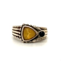Vintage Sterling Signed 925 NF Thailand Yellow Quartz Black Onyx Ring Band 8 3/4 - £39.56 GBP