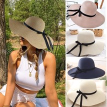New Simple Foldable Wide Brim Floppy Girls Straw Hat Sun Hat Beach Women Summer  - £13.42 GBP