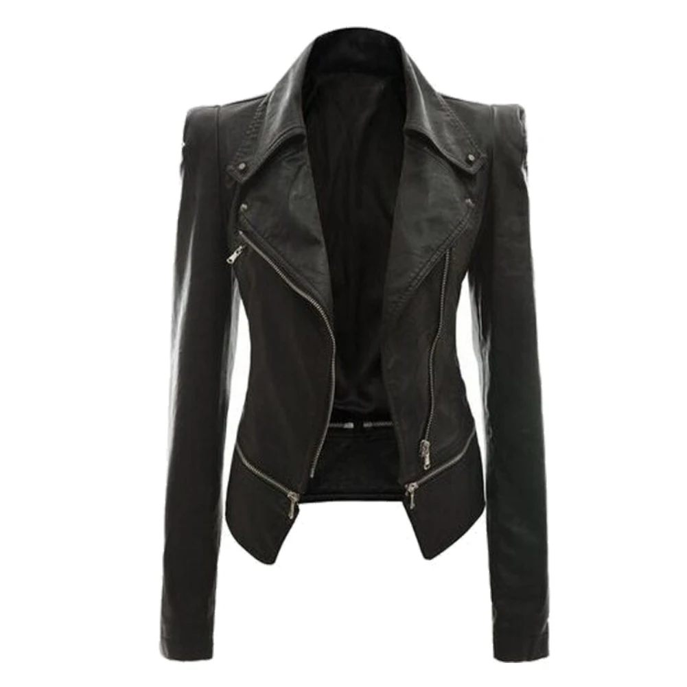2019 Women Autumn zipeer Soft Leather Jacket Coat Turn-down Collar Casual Pu Mot - £112.65 GBP