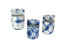 Set of 3 Blue and White Shibori Style Dyed Ceramic Wall Pocket Hangings - $39.59
