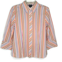 Rafaella Womens Blouse Size 12 Button Front 3/4 Sleeve Multicolor Stripe Collar - £10.33 GBP