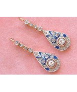 ART DECO 1.04 ctw EURO &amp; ROSE DIAMOND BLUE ENAMEL 18K PLATINUM EARRINGS ... - €3.098,76 EUR