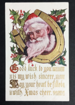 Santa Inside Horseshoe Good Luck Christmas Holly Gold Embossed Postcard c1910s - £7.51 GBP