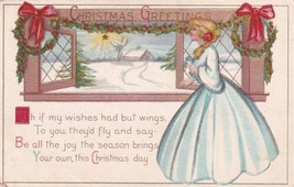 Christmas Greetings Lady Blue Dress at Window Postcard D46 - $2.99