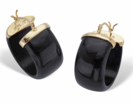 GENUINE BLACK JADE HOOP EARRINGS IN GOLD TONE STERLING SILVER 3/4&quot; - £231.80 GBP