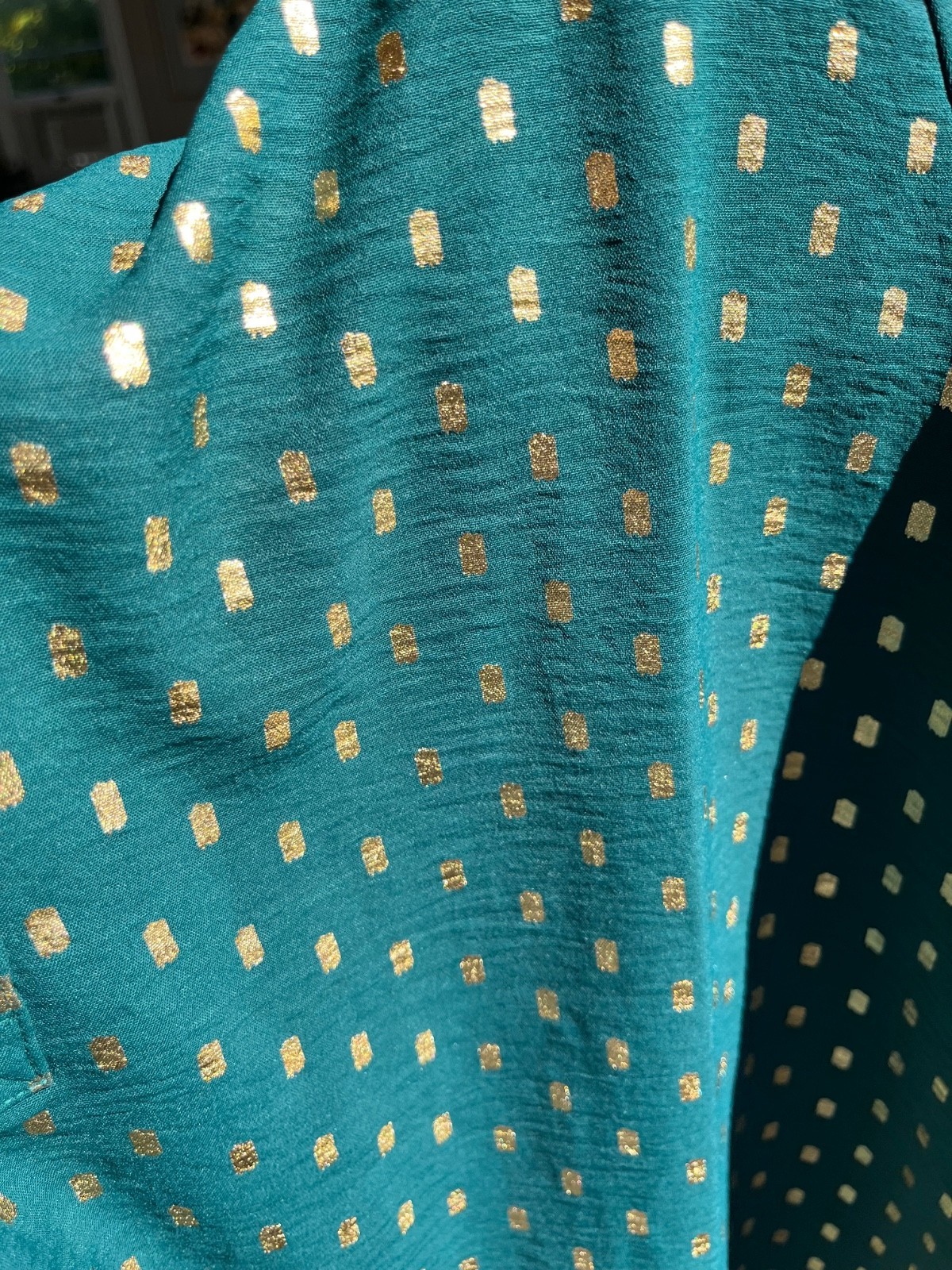 Sz XL Green Gold Glitter Dots Open Split Buttoned V Neck Pullover Blouse Item image 3