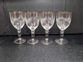 CZECH CRYSTAL 4 WINE GLASSES WITH ENGRAVED ANTIQUE DESIGN AND GOLD TRIM ... - $59.40