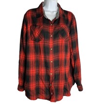 Lightweight Flannel Button Up Shirt M Red Black Plaid Pockets Cotton Blend - £14.74 GBP