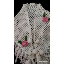 Crochet 3D Pink Floral White Shawl Shrug Fringe Stole Pompoms Vintage - £17.74 GBP