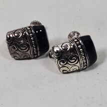 Vintage Screw Back Earrings Black w/ Silver Tone Block Style .65 In Deco... - $247.29 MXN