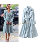 Kate Middleton Inspired Dusty Blue Button-Down Fit-and-Flared Belted Coa... - $178.34 CAD
