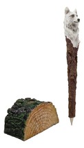 Alpha White Wolf Hand Painted Pen With Rustic Tree Bark Holder Stand Fig... - $14.99