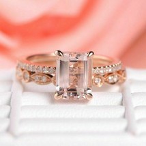 2.50Ct Emerald Cut Morganite Weeding Bridal Ring Set 14K Rose Gold Finish - £104.53 GBP