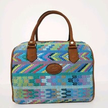 Huipil Woven Bag Barrel Shape Purse Handmade in Guatemala Boho Blue Mult... - $61.55