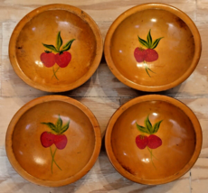 Vintage Munising Wooden Salad Bowl Brown Strawberry Design Lot Of 4 Roun... - $42.43