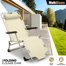 Foldable Patio Poolside Chair Cream Breathable Beach Fixed Angle Seat W/Headrest - £95.11 GBP