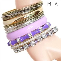 NEW Set of 10 Bangles Bracelets Purple &amp; Gold Faux Pearl, Rhinestone, Bamboo - £6.48 GBP