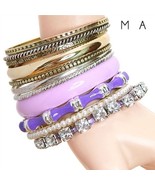 NEW Set of 10 Bangles Bracelets Purple &amp; Gold Faux Pearl, Rhinestone, Ba... - £6.27 GBP